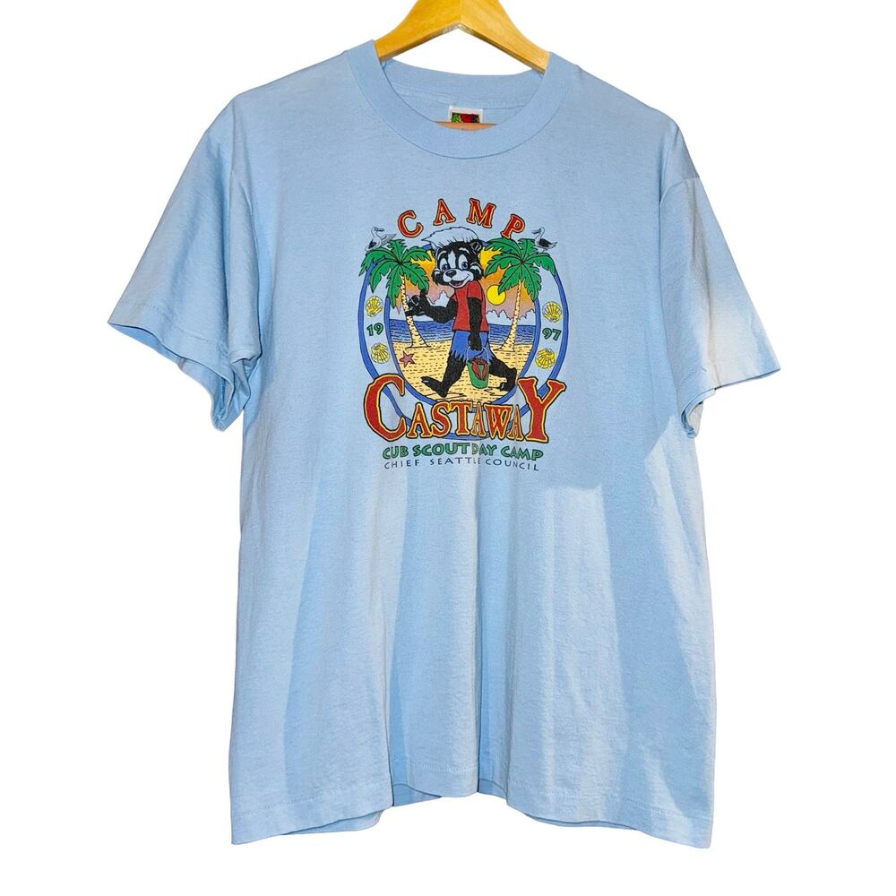 Vintage Single Stitch T Shirt Camp Castaway Skunk Sz Large Seattle‎ Beach Summer